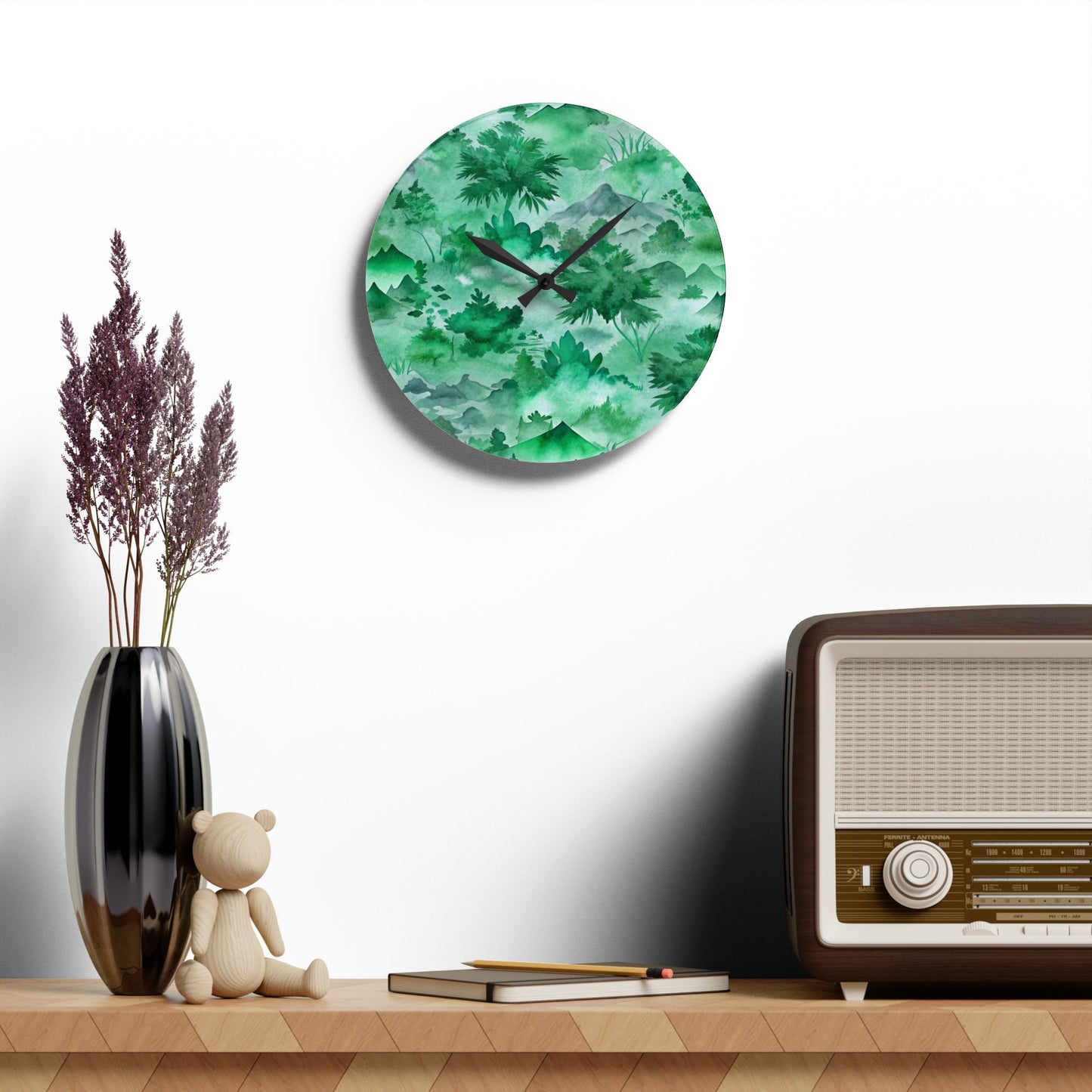 Green Watercolor Mountain Acrylic Wall Clock