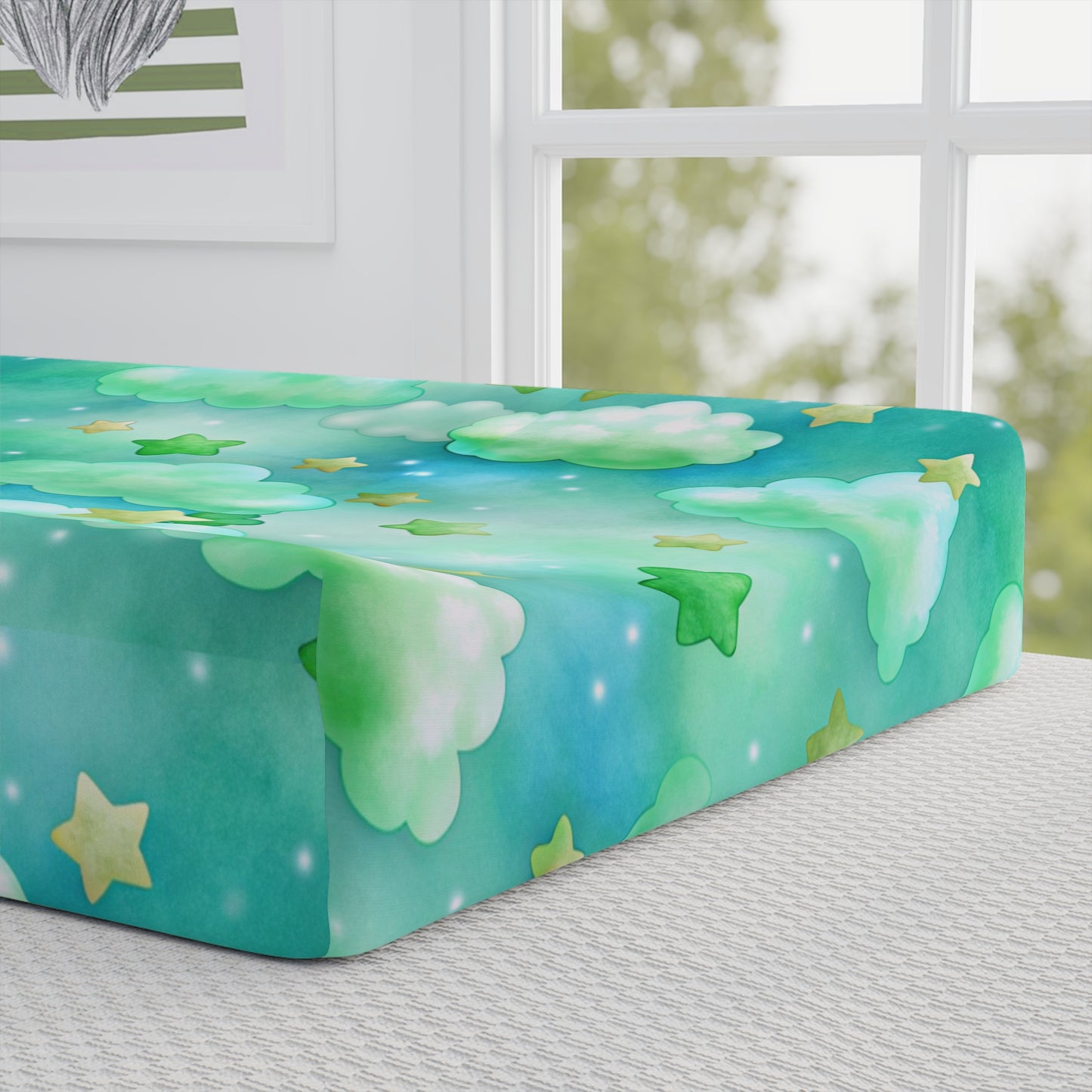 Dreamy Green Clouds & Stars Nursery Waterproof Cover
