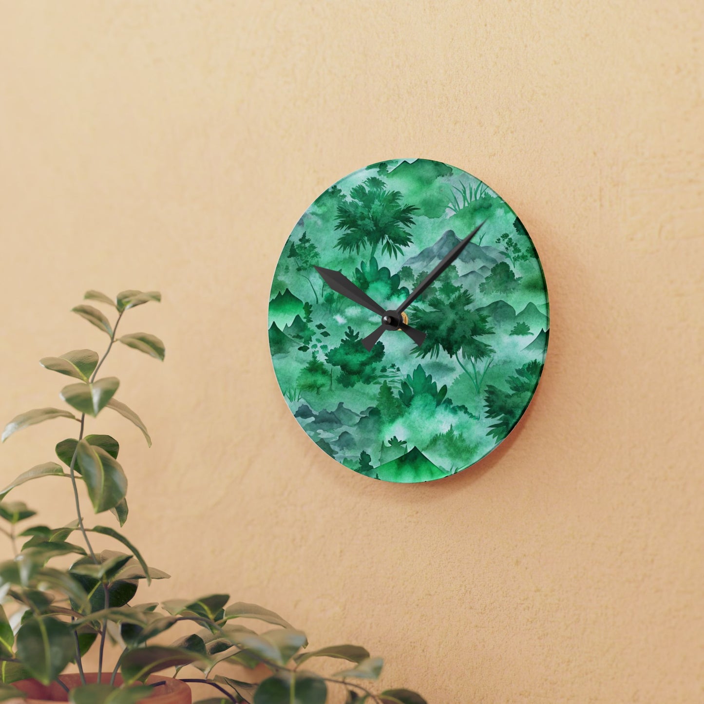 Green Watercolor Mountain Acrylic Wall Clock