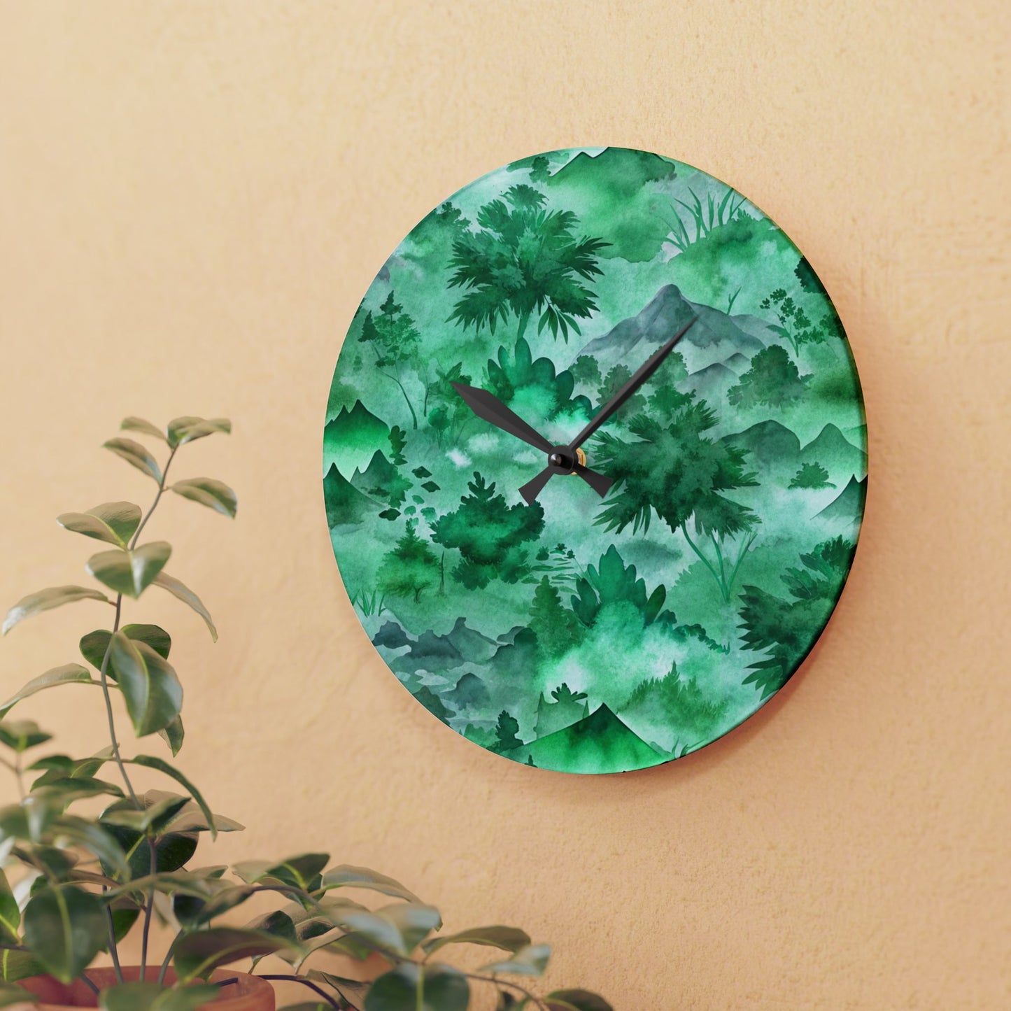 Green Watercolor Mountain Acrylic Wall Clock
