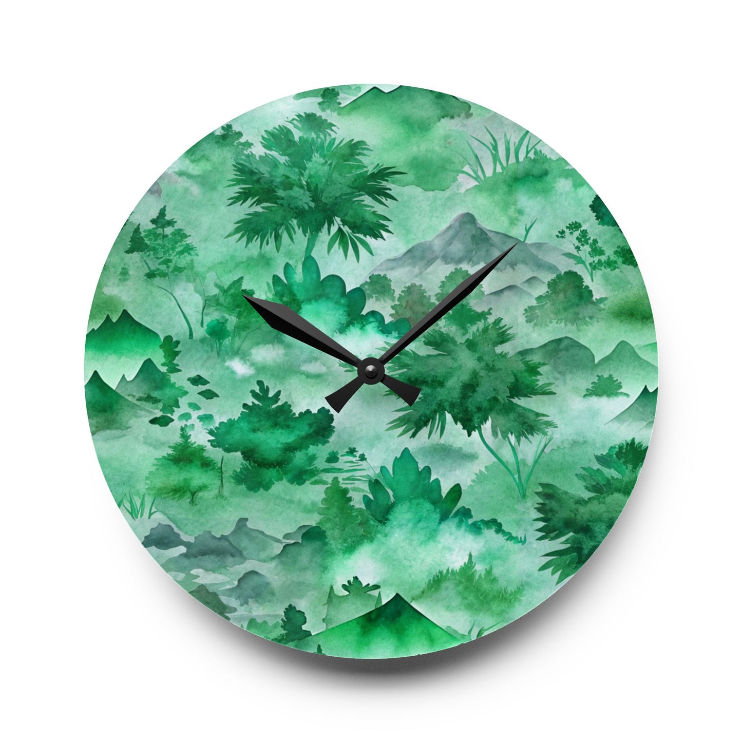 Green Watercolor Mountain Acrylic Wall Clock