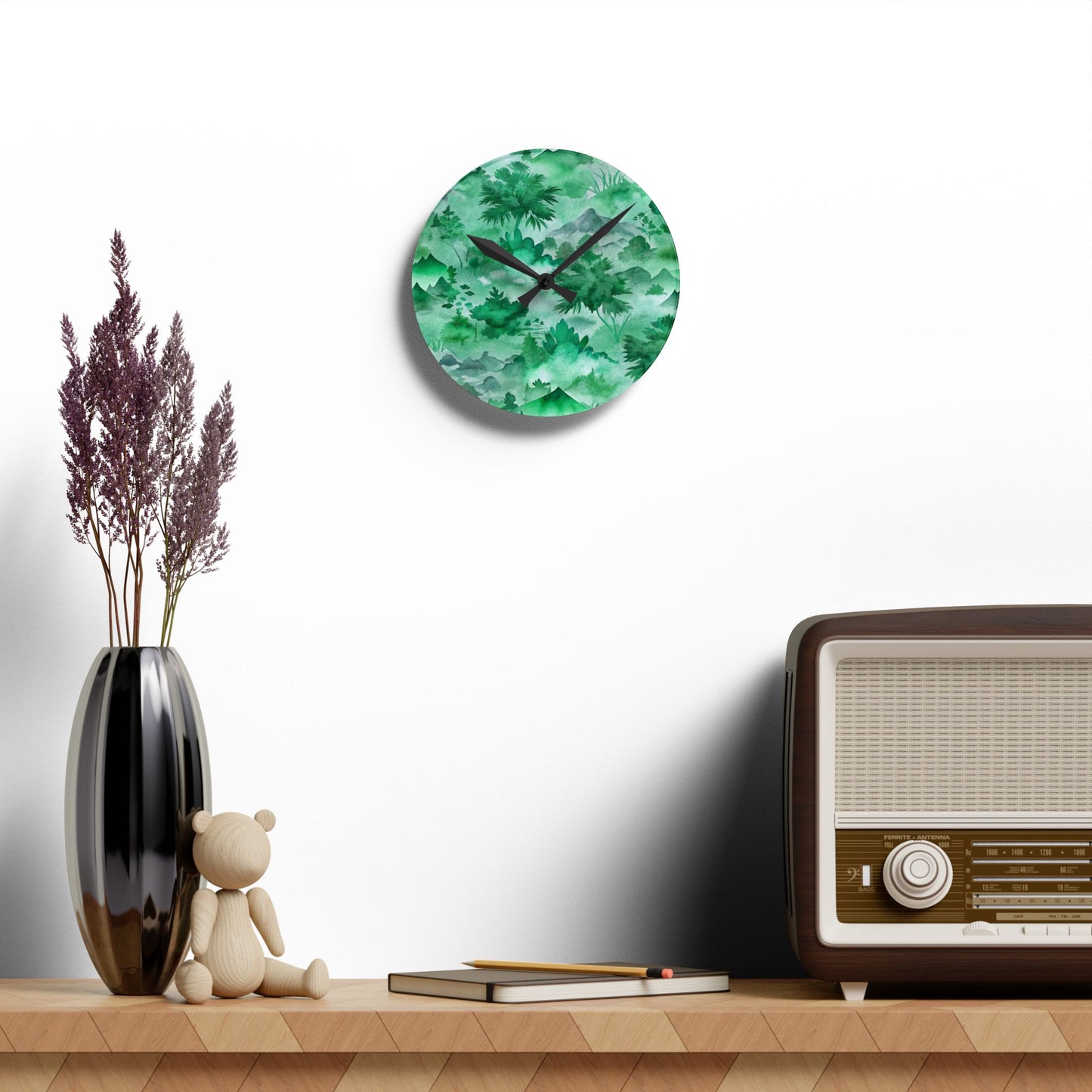 Green Watercolor Mountain Acrylic Wall Clock