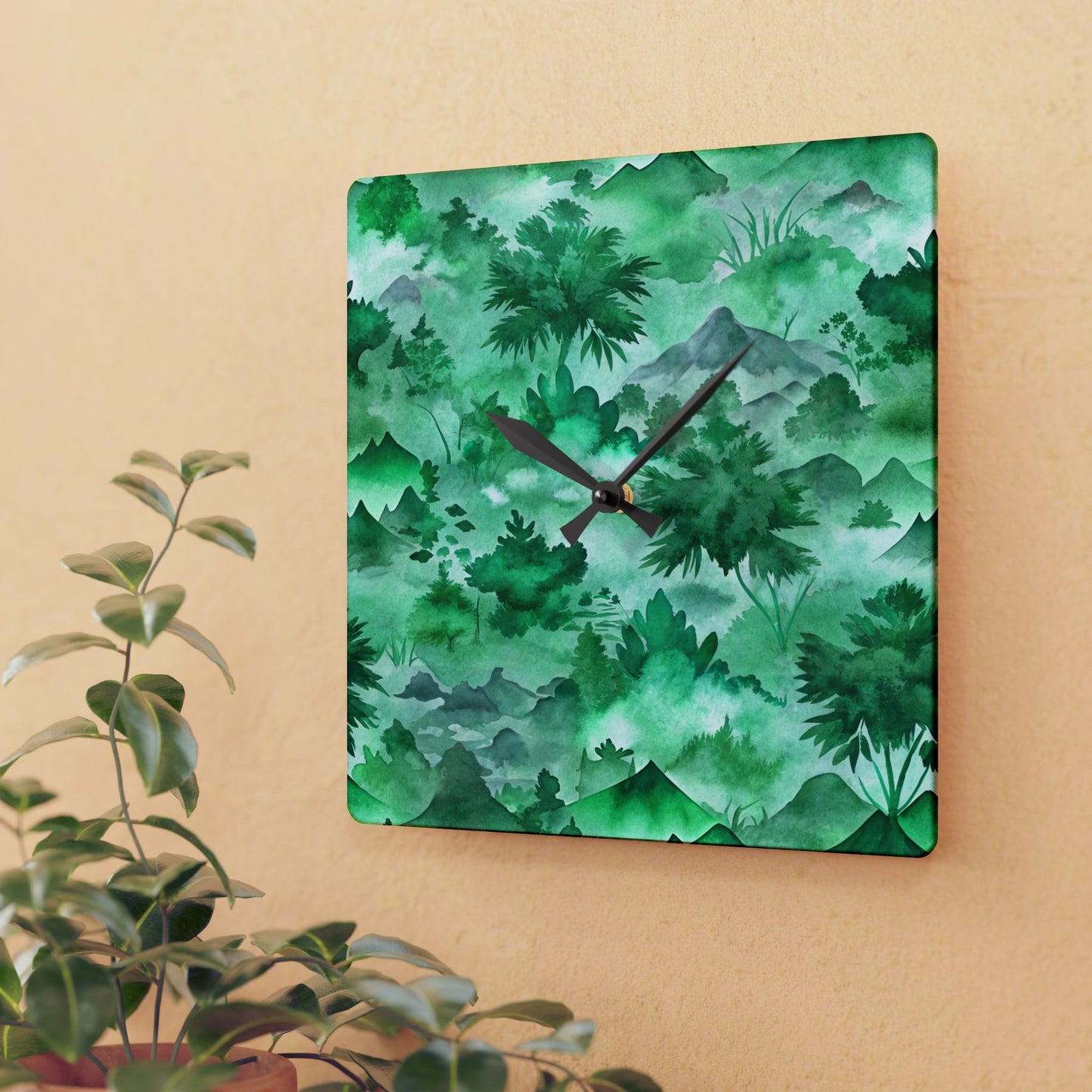 Green Watercolor Mountain Acrylic Wall Clock