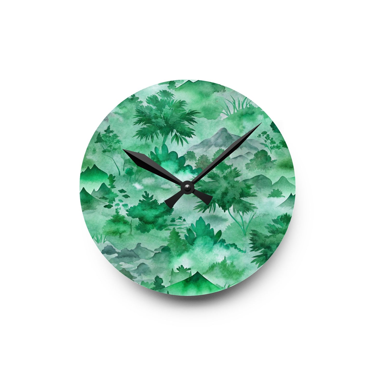 Green Watercolor Mountain Acrylic Wall Clock