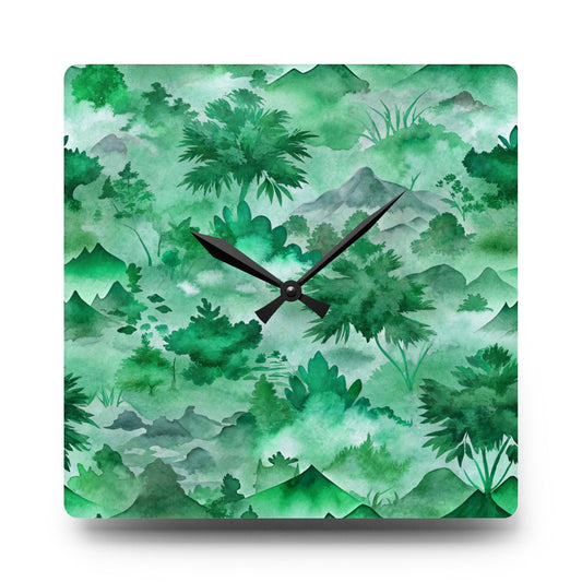 Green Watercolor Mountain Acrylic Wall Clock